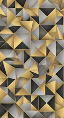 Abstract geometric pattern with triangles in gold, black, and silver shades