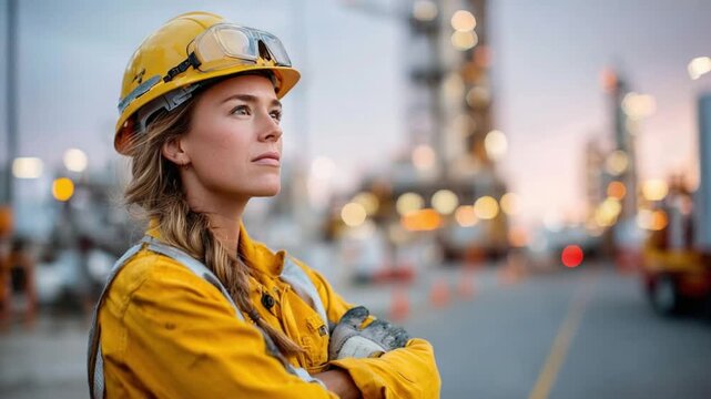 Construction Worker's Vision: A determined construction worker gazes thoughtfully at a construction site, embodying the spirit of labor and diligence amidst an industrial landscape.