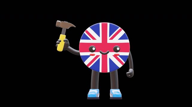 Cute 3D United Kingdom flag mascot wearing helmet holding hammer representing construction and repair work.
