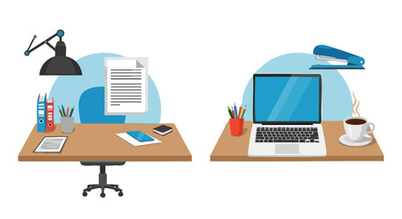 Modern Home Office Desk Setup with Laptop, Lamp, and Coffee