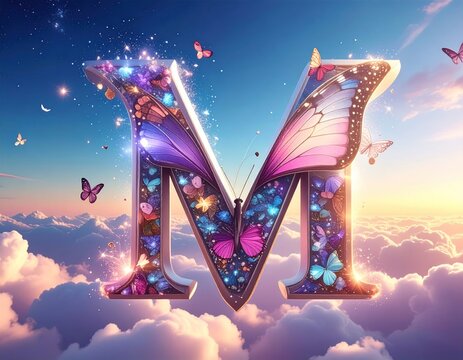 Large, decorated capital letter amidst dreamy clouds, butterflies flutter - Powered by Adobe