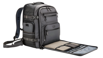 A gray travel backpack with multiple compartments and zippers, opened to reveal internal organization, isolated on transparent background