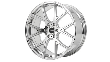 Obraz premium A polished chrome alloy car wheel with a complex spoke design, isolated on transparent background