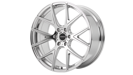 A polished chrome alloy car wheel with a complex spoke design, isolated on transparent background