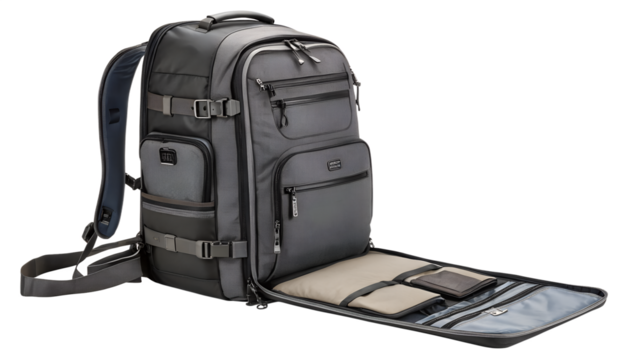 A gray travel backpack with multiple compartments and zippers, opened to reveal internal organization, isolated on transparent background