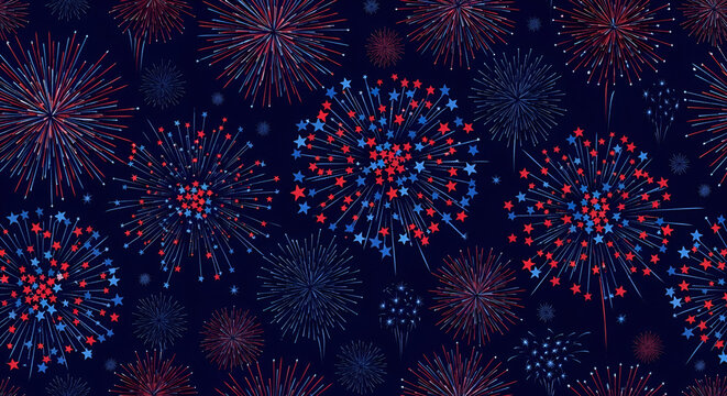 Seamless Pattern of Red White and Blue Fireworks celebration