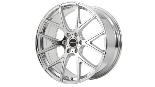 A polished chrome alloy car wheel with a complex spoke design, isolated on transparent background