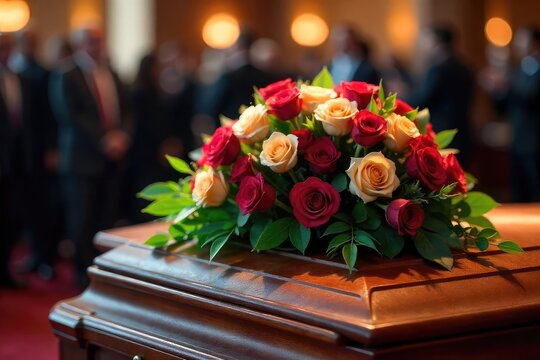 A somber arrangement of flowers sits atop a closed casket at a funeral service, conveying a sense of grief and remembrance , condolences, afterlife