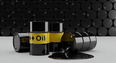 Oil Barrels with Spilled Crude Oil on Gray Surface Keywords: oil, barrel, crude oil, petroleum