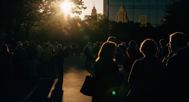 Business professionals networking at an outdoor corporate event. Silhouettes of a crowd socializing during sunset. Urban community gathering and professional connection concept