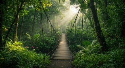 Obraz premium Enchanting Forest Suspension Bridge Bathed in Sunlight