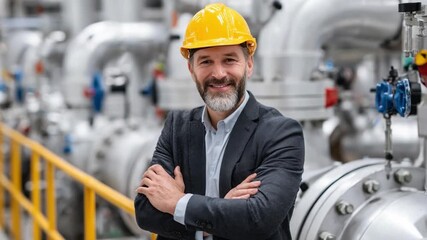 Mastering Industry: A composed, bespectacled engineer with a neatly trimmed beard, dons a vibrant yellow safety helmet.