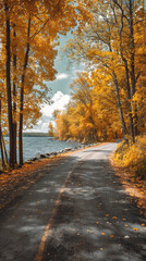 Obraz premium Autumn Forest Path by the River – AI Generative