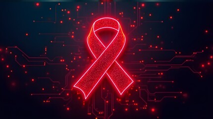Digital Red Ribbon AIDS Awareness Concept with Futuristic Technology Background