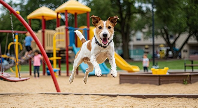 Energetic Jack Russell Terrier Jumps Joyfully at Playground - Powered by Adobe