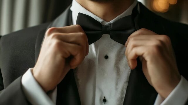 Close up of a man&rsquo;s hands fixing a bow tie on a crisp white shirt and tuxedo, symbolizing style and confidence. Perfect for themes of luxury, celebration, and special occasions