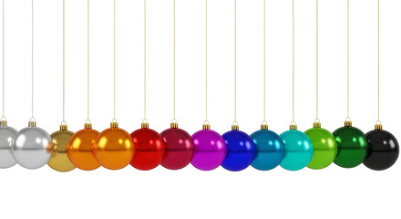 Rainbow Christmas Ornaments Hanging in a Row on White Background