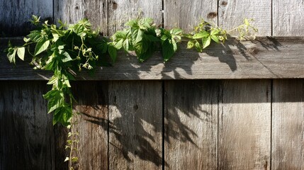 Greenery cascading over a weathered wooden fence