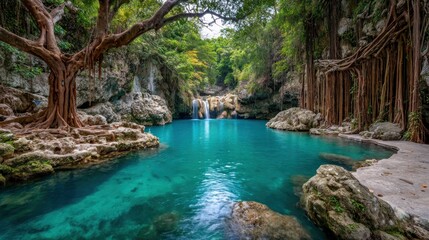 Lush turquoise pool with waterfall, jungle backdrop