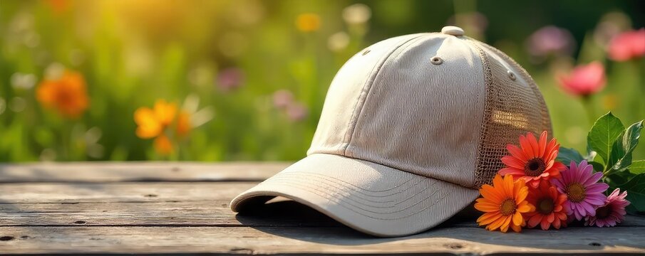 A stylish baseball cap, perfect for summer sun protection, sits on a rustic wooden surface with vibrant summer flowers nearby Enjoy the sunny days in style and comfort , vacation, denim