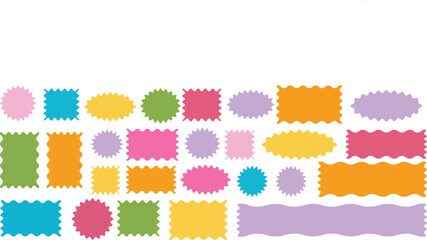 Colorful jagged edge shapes and stickers on white background A vibrant collection of various shapes with jagged or scalloped edges, presented in a rainbow of bright colors on a white background.