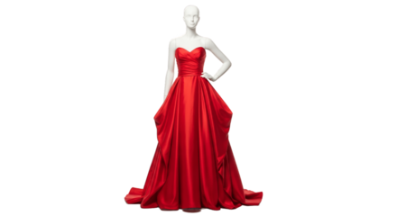 Elegant strapless red evening gown displayed on mannequin, flowing fabric and dramatic silhouette, perfect for formal events, fashion design, or boutique display, isolated on white background, PNG ima