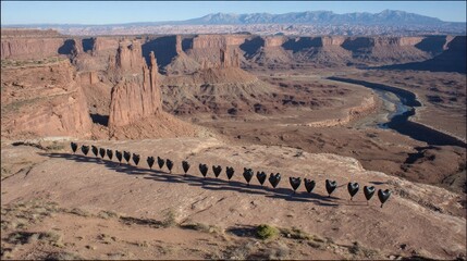 Desert vista, black balloons line ridge