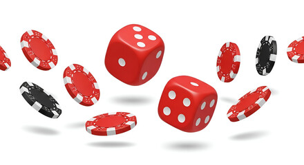 Red Dice and Casino Chips Floating on White Background