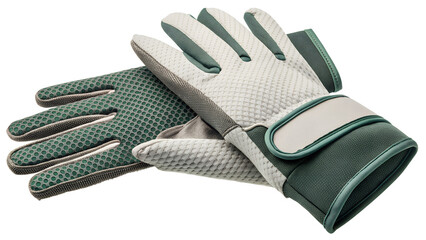 Pair of green and white work gloves isolated on transparent background
