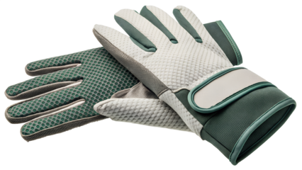 Pair of green and white work gloves isolated on transparent background
