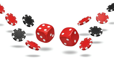 Red Dice and Chips Falling in Motion on White casino