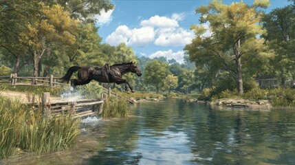 Horse leaps a river; idyllic rural scene