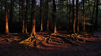 Sunlight filters through forest, illuminating exposed roots