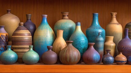 Colorful ceramic vases lined up on a shelf