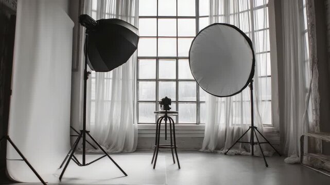 Contemporary photo studio setup featuring softbox lights, a backdrop, and elegant sheer curtains. Bright, airy atmosphere highlights creative workspace for photographers