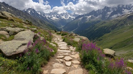 Mountain path winding through alpine flora