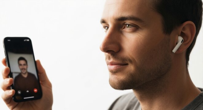 Young man using wireless earbuds for a video call on a smartphone. Close-up of a person communicating with a friend online against a white background