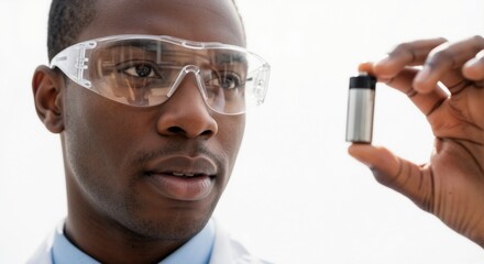 Focused African American engineer holding a new battery cell. Scientific innovation and research in renewable power sources