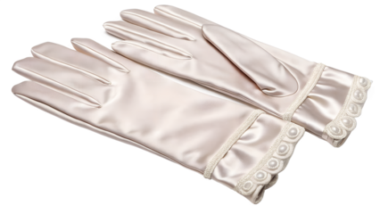 Pair of delicate white satin gloves with lace trim isolated on transparent background