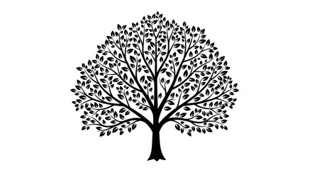 Obraz premium Black silhouette of a lush, leafy tree with many branches against a white background.