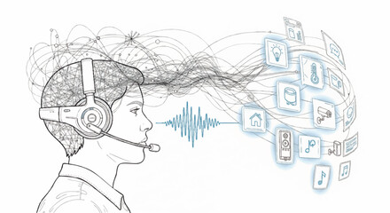 Obraz premium Line art illustration of AI voice control for a smart home. IoT and neural network technology concept. Vector graphic of human-computer interaction