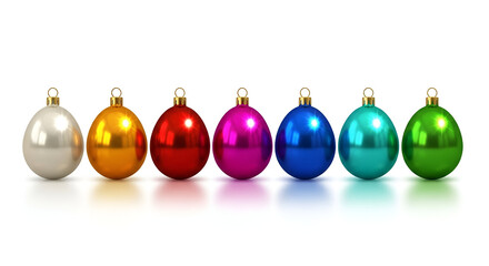 Row of Seven Shiny Christmas Ornaments on White Background