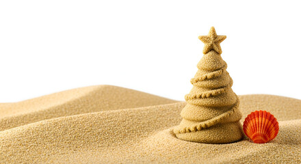 Sand Christmas Tree and Seashell on Beach Dunes image