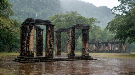 Ancient ruins drenched in rain