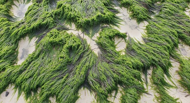 Vibrant green sea lettuce on coastal sand. Abstract organic pattern from a top down perspective. Marine ecosystem and natural wellness ingredient. Sustainable resource for beauty products