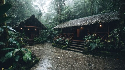 Rainforest huts in misty jungle