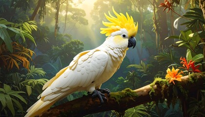 A Stunning White Cockatoo Perched on a Branch in a Lush Rainforest