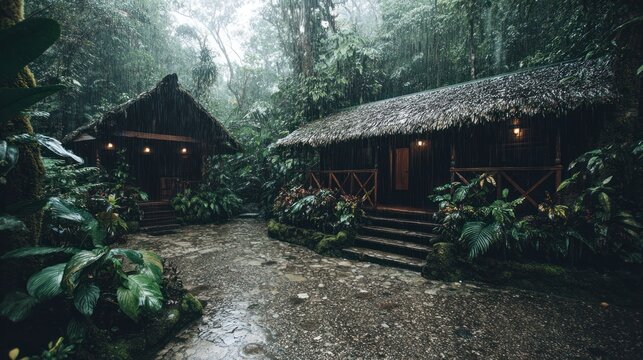 Rainforest huts in misty jungle