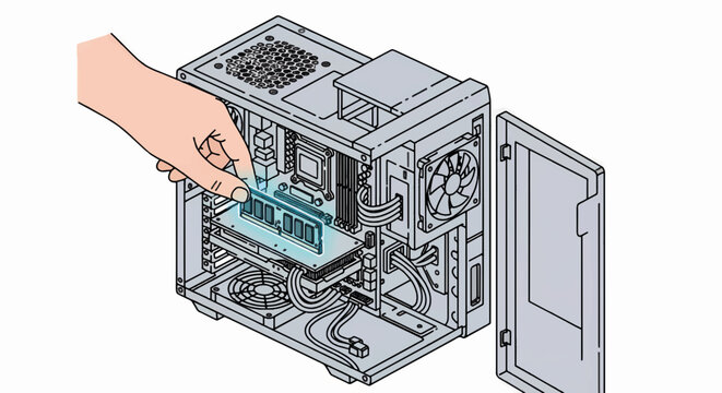Isometric illustration of a hand installing RAM in a custom PC. Computer hardware upgrade and maintenance concept. Vector line art for a technical guide