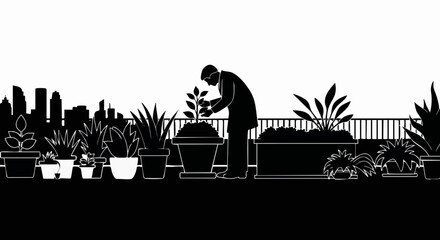 Silhouette of a person urban gardening on a rooftop. Minimalist black and white vector illustration with a city skyline. Green city and sustainable lifestyle concept